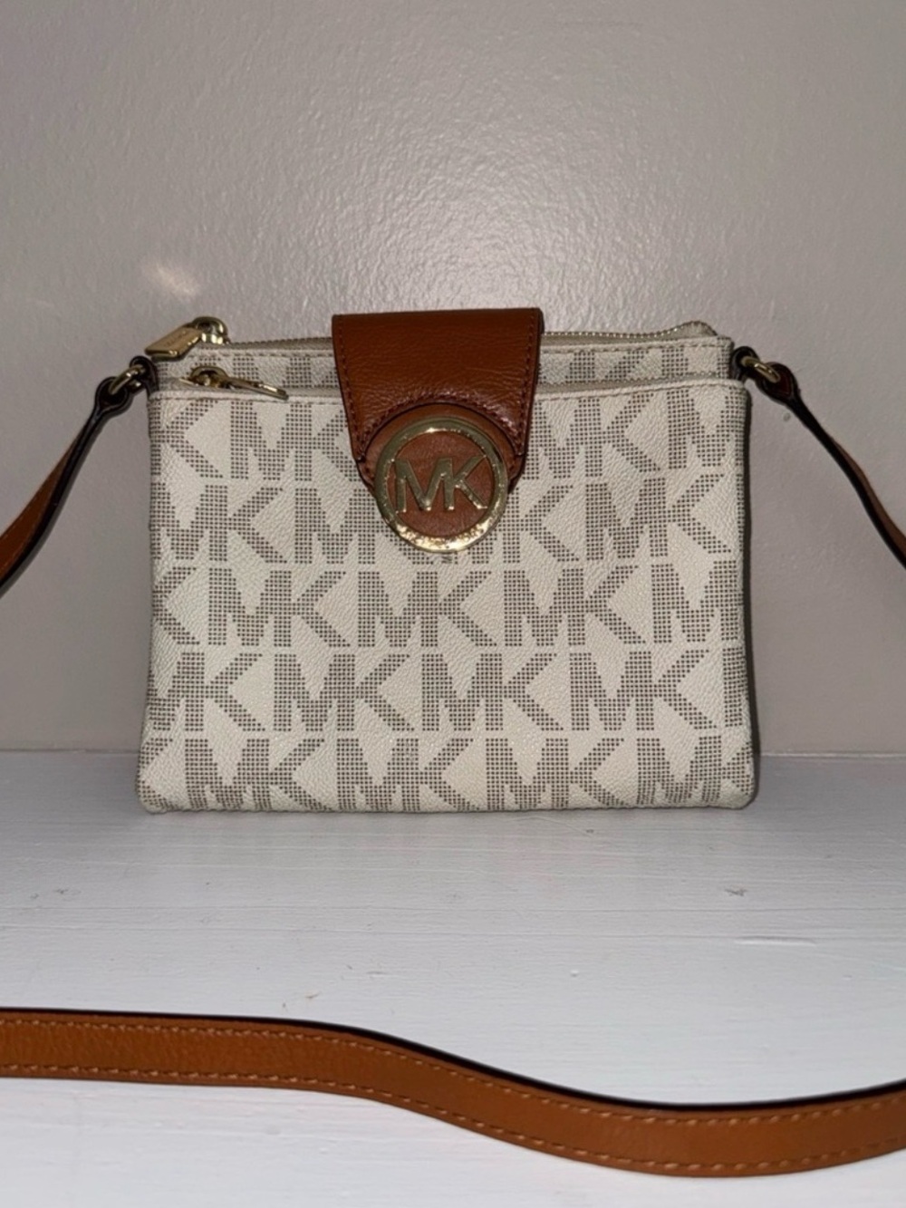 Michael Kors Cream & Brown MK Signature Crossbody